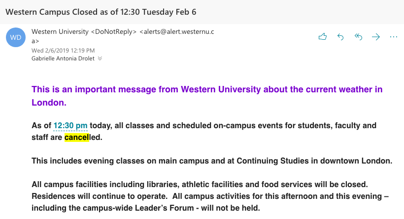 02/06/2019 \\ Western Campus Closing Email Screenshot